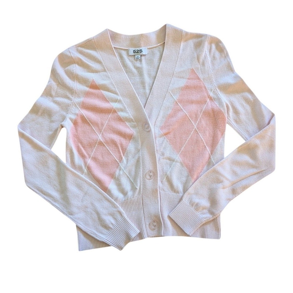525 America Womens Pink Argyle V-Neck Button Front Cardigan Sweater XS